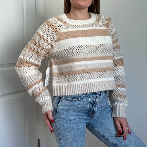 Open Knit Varigated Stripe Cropped Crew Neck Sweater - Picture 3 of 10